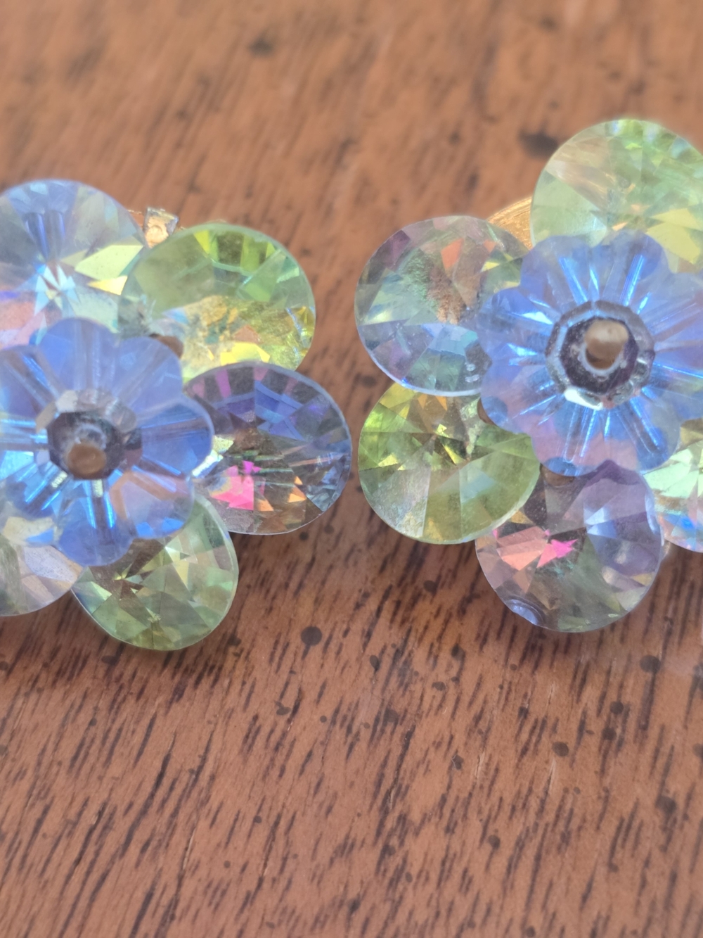 Iridescent Floral Clip-On Earrings - Blue & Green Sparkle